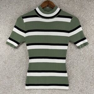 Y2K Union Bay Striped Stretch Top M Fitted High Collar Ribbed Green Whimsigoth‎